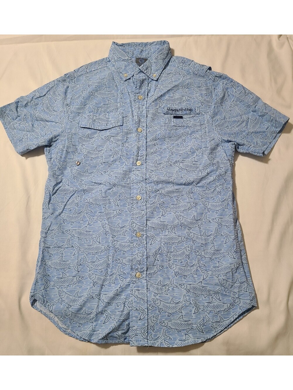 Vineyard Vines Harbor Shirt Mens Sz XS Blue AOP Fish Print Outdoors Fishing EUC